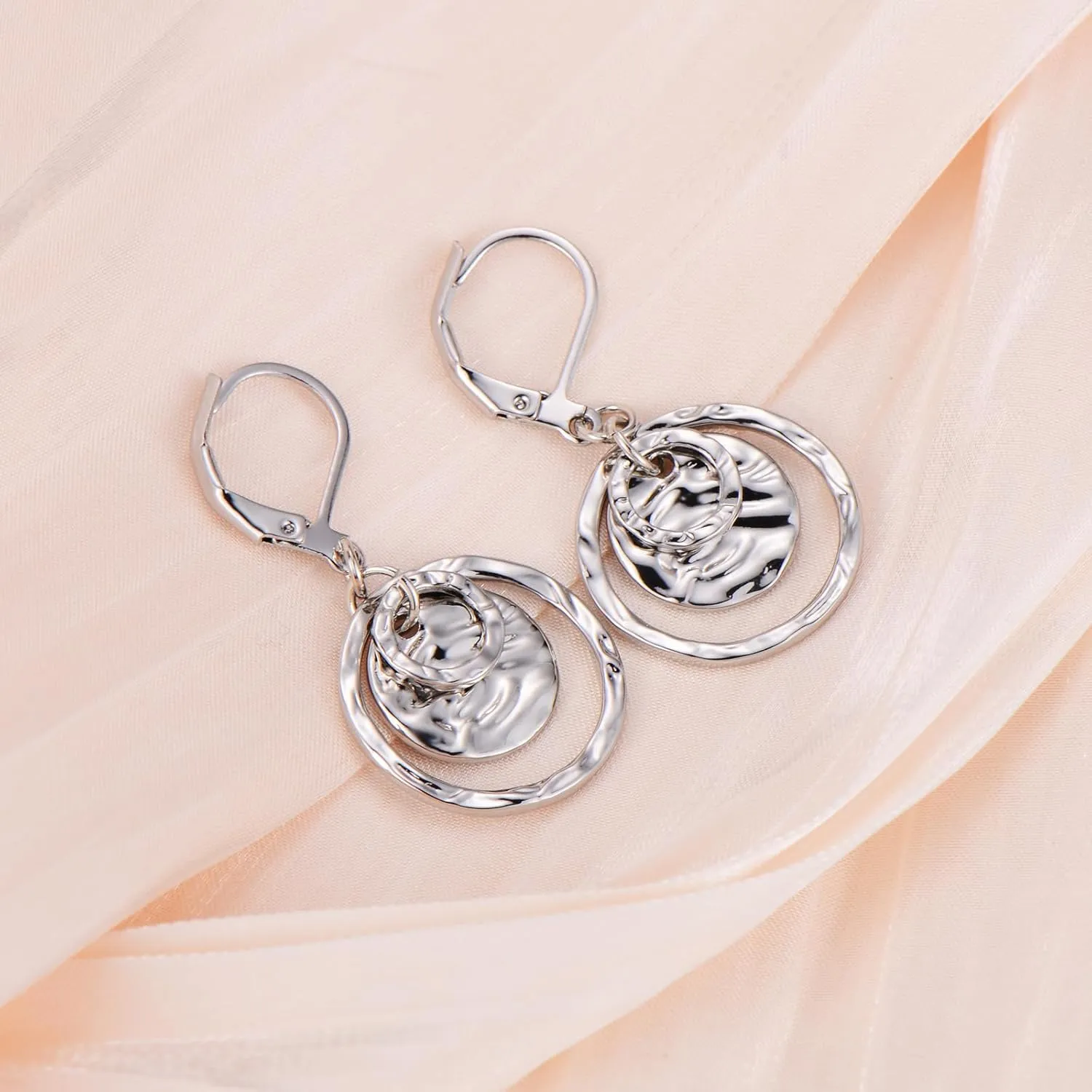 14K Gold Disc Leverback Earrings for Women Gold and Silver Circle Drop Dangle Earrings Jewelry Hypoallergenic Hammered Leverback Dangle Earrings for Gifts