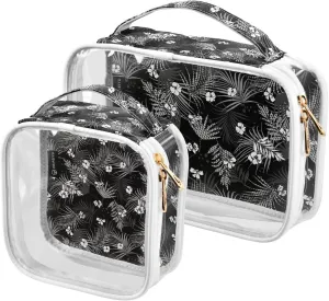 2 Pack Portable Travel Clear Cosmetic Toiletry Bags with Double Zippers for Men Women, Black-white-tropical-pattern Waterproof Storage Carry Pouch with Handle, Tote Bags for Bathroom Traveling Vacati