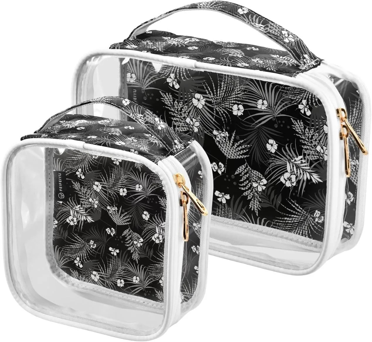 2 Pack Portable Travel Clear Cosmetic Toiletry Bags with Double Zippers for Men Women, Black-white-tropical-pattern Waterproof Storage Carry Pouch with Handle, Tote Bags for Bathroom Traveling Vacati