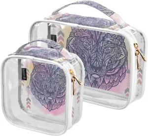 2 Pack Portable Travel Clear Cosmetic Toiletry Bags with Double Zippers for Men Women, Ethnic-wolfs-print Waterproof Storage Carry Pouch with Handle, Tote Bags for Bathroom Traveling Vacation Organiz