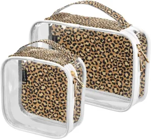 2 Pack Portable Travel Clear Cosmetic Toiletry Bags with Double Zippers for Men Women, Leopard-print-skin-print Waterproof Storage Carry Pouch with Handle, Tote Bags for Bathroom Traveling Vacation O