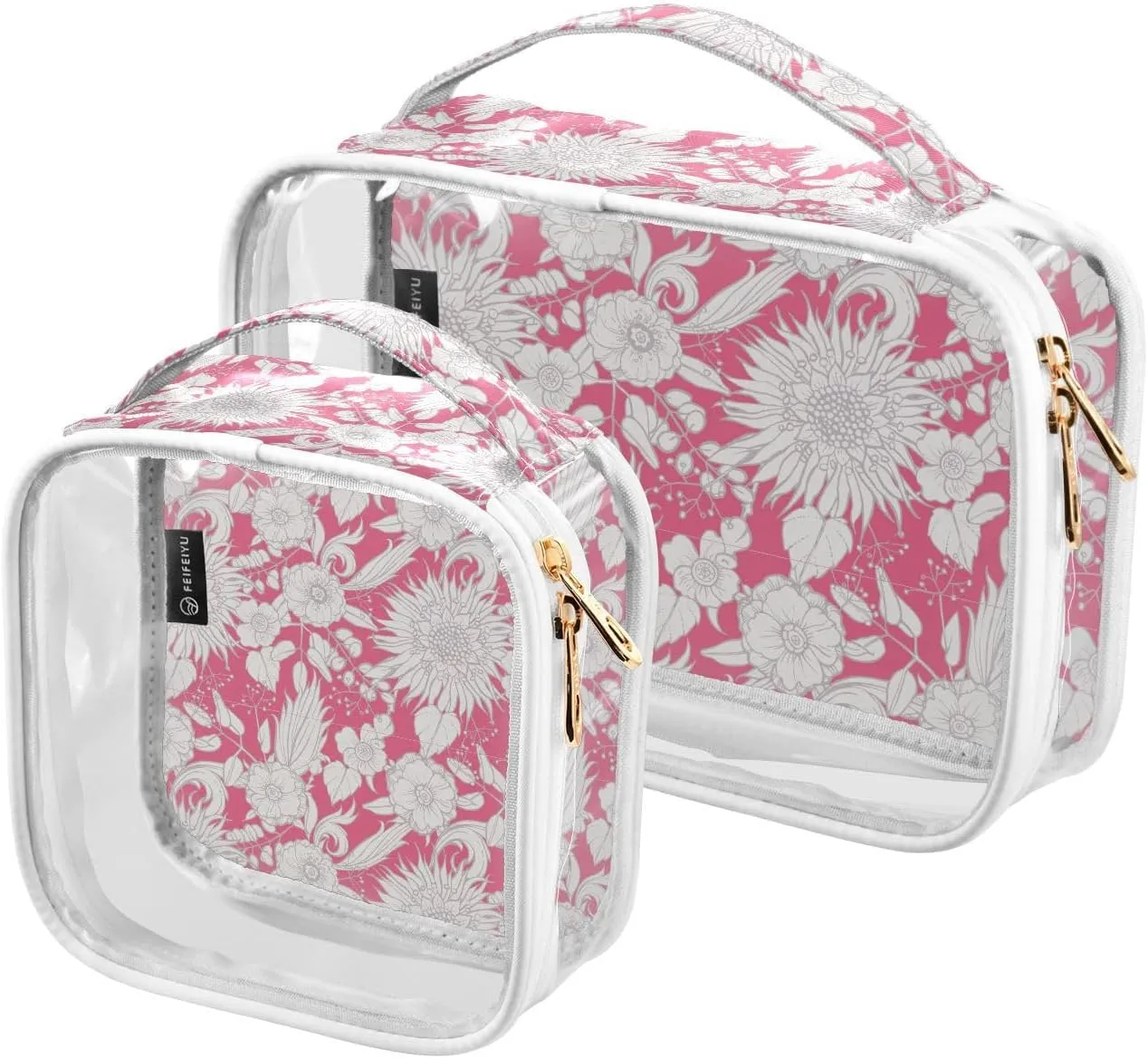 2 Pack Portable Travel Clear Cosmetic Toiletry Bags with Double Zippers for Men Women, Poppy-seeds-sunflower Waterproof Storage Carry Pouch with Handle, Tote Bags for Bathroom Traveling Vacation Orga