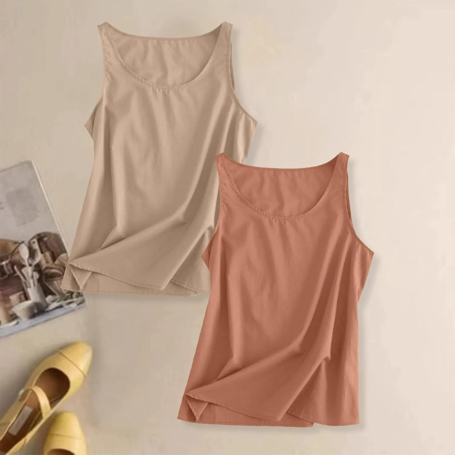 2 Pack Womens Linen Tank Tops 2025 Summer Beach Vacation Shirt Crew Neck Sleeveless Loose Fit Casual Blouse