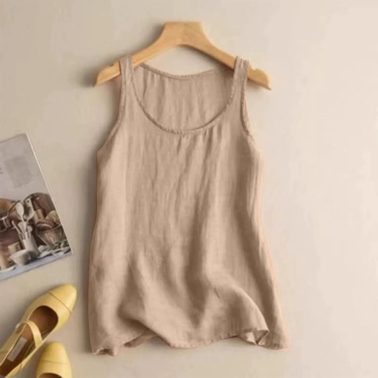2 Pack Womens Linen Tank Tops 2025 Summer Beach Vacation Shirt Crew Neck Sleeveless Loose Fit Casual Blouse