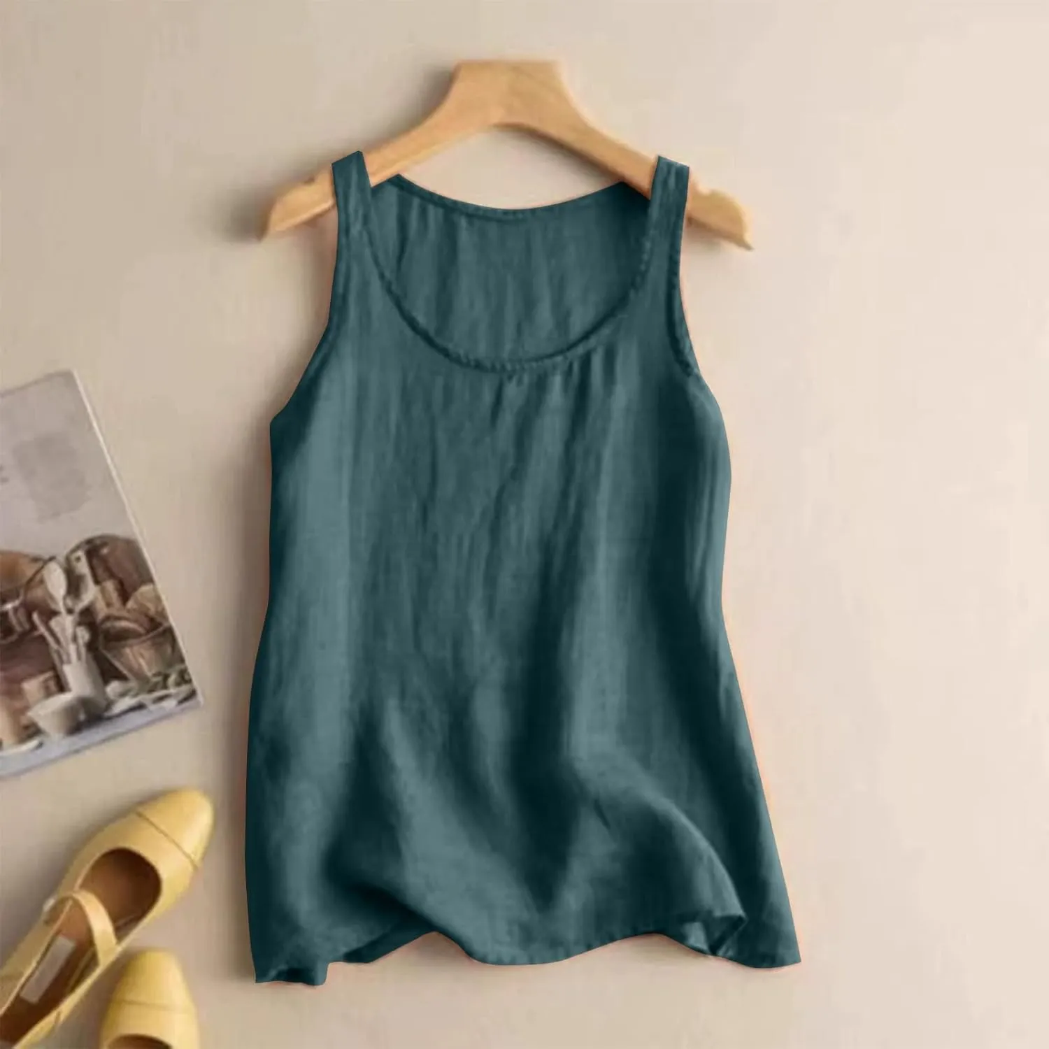 2 Pack Womens Linen Tank Tops 2025 Summer Beach Vacation Shirt Crew Neck Sleeveless Loose Fit Casual Blouse