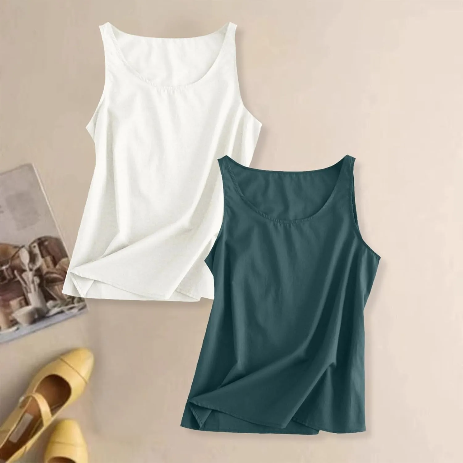 2 Pack Womens Linen Tank Tops 2025 Summer Beach Vacation Shirt Crew Neck Sleeveless Loose Fit Casual Blouse