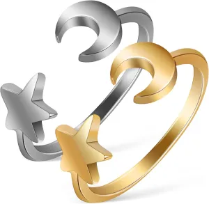2 Pcs Star and Moon Open Ring Personality Statement Finger Ring Jewelry for Women Adjustable Set