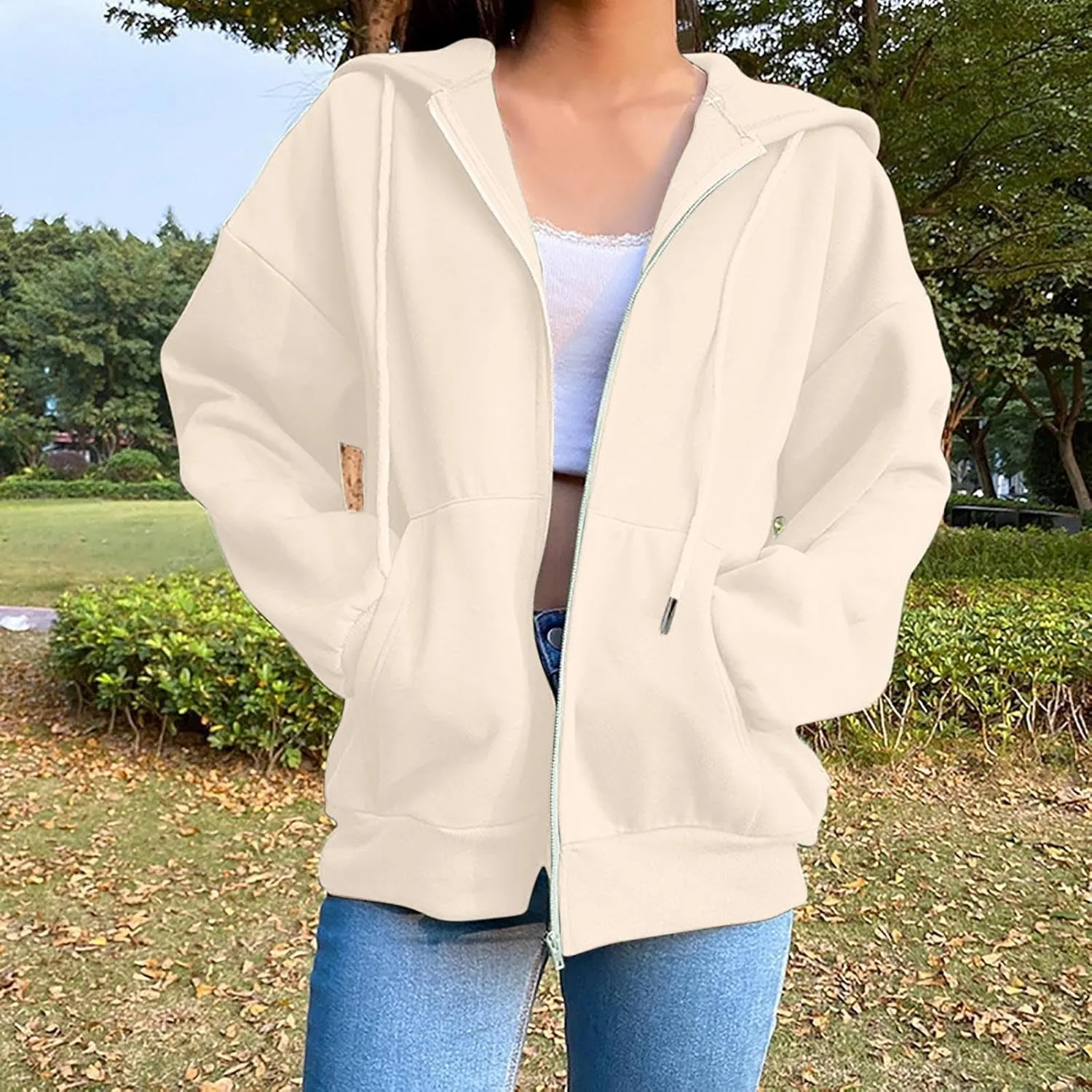 2024 Fall Trendy Hoodie Oversized Solid Long Sleeve Full Zip Up Casual Drawstring Hooded Jacket Loose Open Front Coat