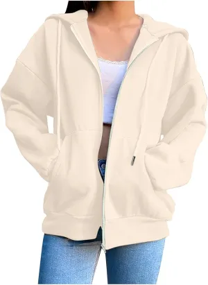 2024 Fall Trendy Hoodie Oversized Solid Long Sleeve Full Zip Up Casual Drawstring Hooded Jacket Loose Open Front Coat