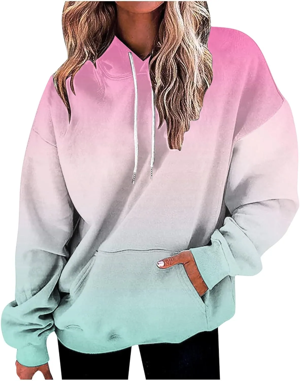 2024 Hoodies for Women Y2K Gradient Print Oversized Sweatshirt Casual Drawstring Hooded Pullover with Pocket