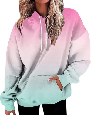2024 Hoodies for Women Y2K Gradient Print Oversized Sweatshirt Casual Drawstring Hooded Pullover with Pocket