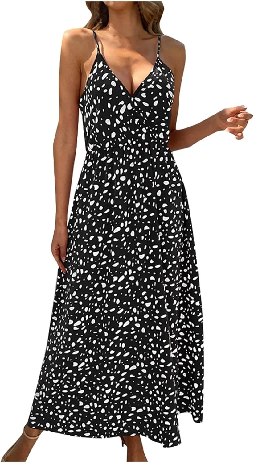 2025 Bohemian Floral Print Dress for Women Summer V Neck Spaghetti Strap Sleeveless Flowy Beach Maxi Dresses