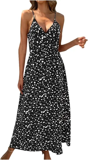2025 Bohemian Floral Print Dress for Women Summer V Neck Spaghetti Strap Sleeveless Flowy Beach Maxi Dresses