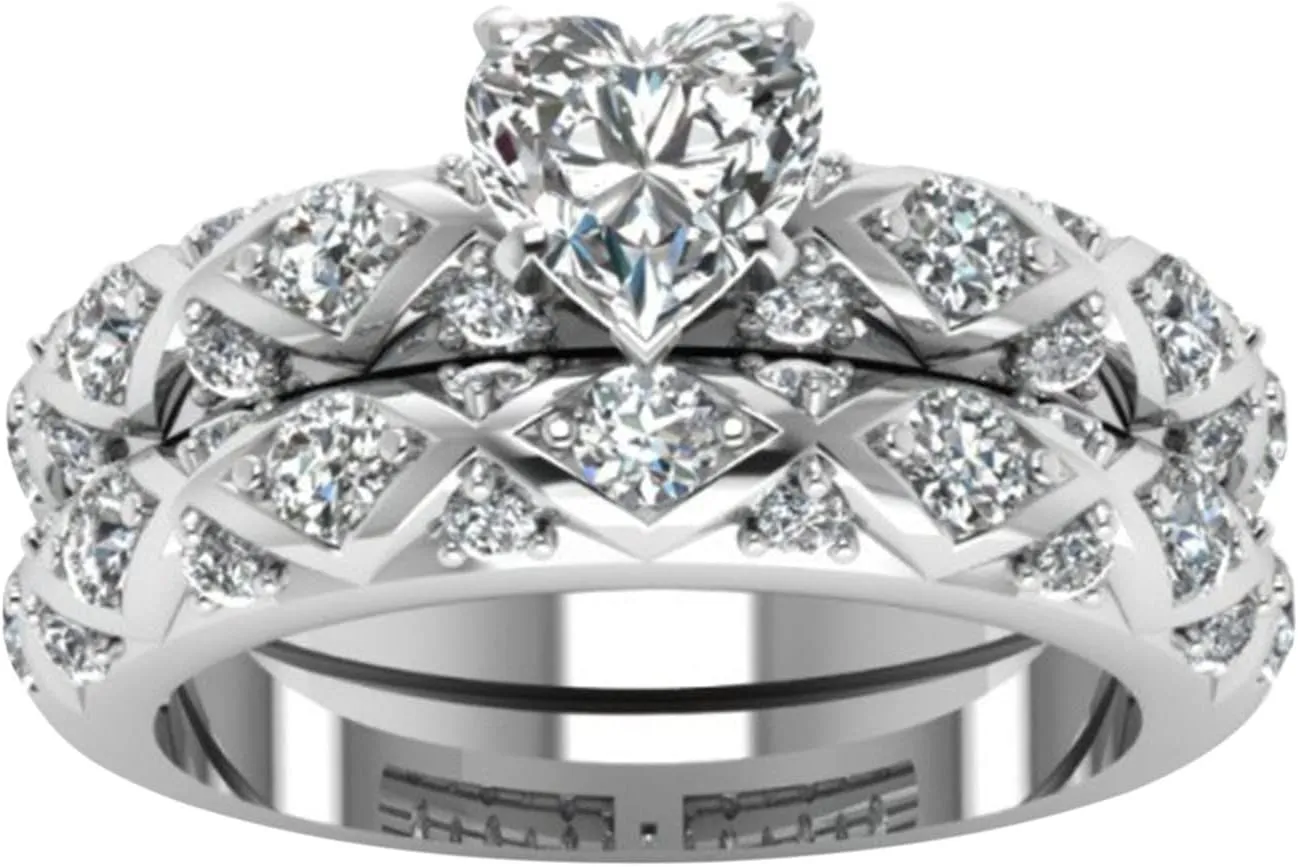 2pcs Women Engagement Ring Sets For Women Cubic Zirconia Bridal Wedding Engagement Anniversary Bands Simulated