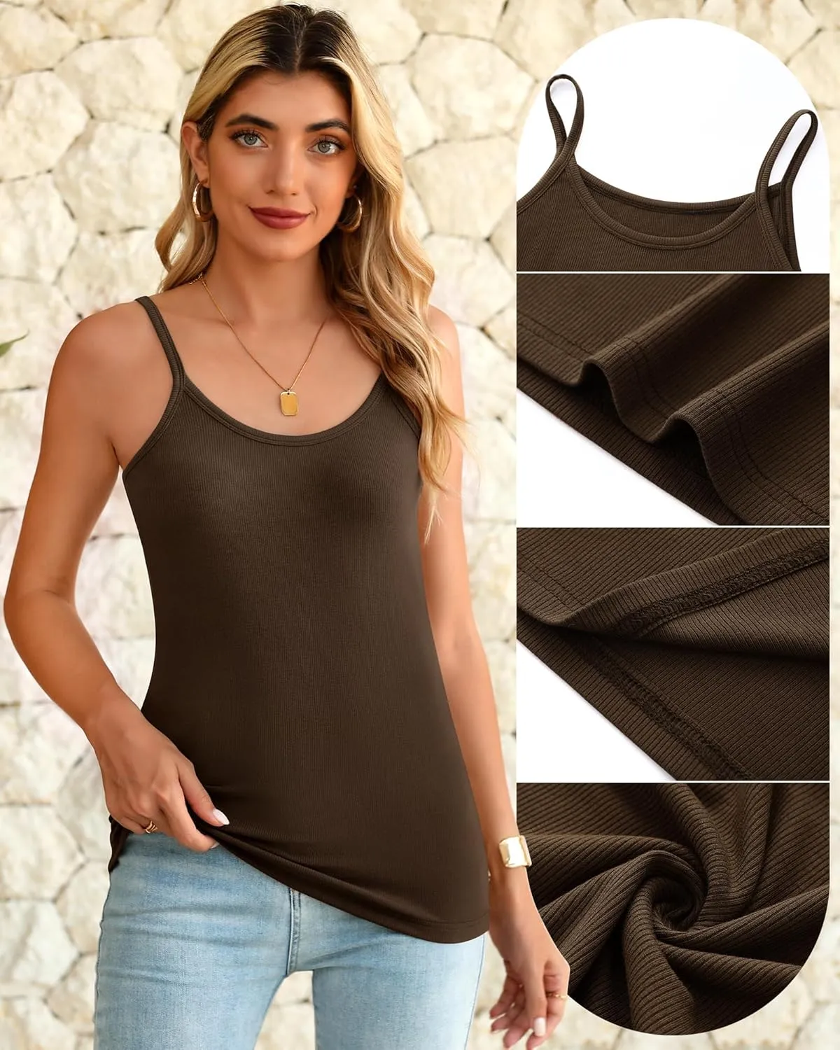 3 Pack Women Camisole Tops, Ribbed Knit Tank Tops, Slim Fitted Cami Shirts Summer Casual Spaghetti Strap Tops