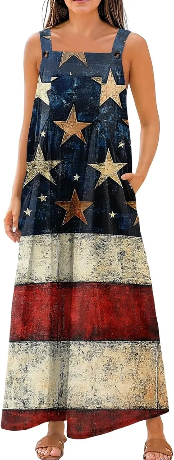4Th Of July Overalls For Women,2025 Summer American Flag Print Patriotic Jumpsuits,Sleeveless Straps Baggy Romper