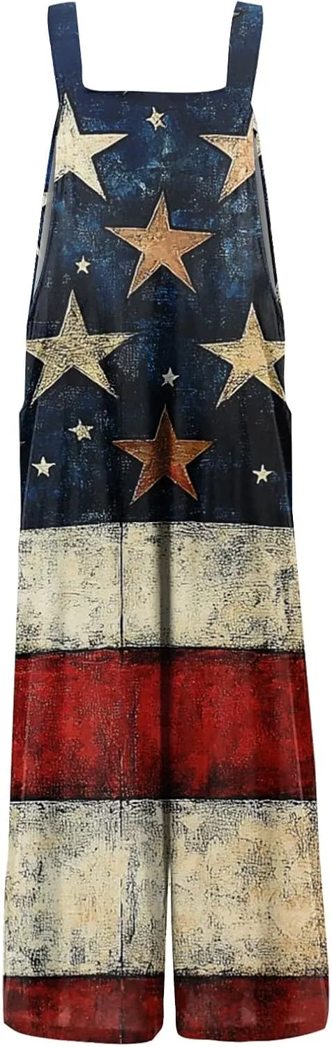 4Th Of July Overalls For Women,2025 Summer American Flag Print Patriotic Jumpsuits,Sleeveless Straps Baggy Romper