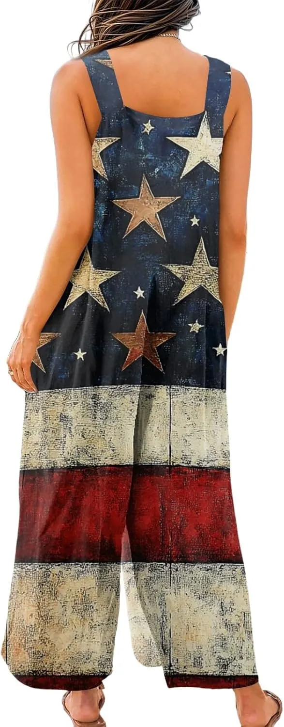 4Th Of July Overalls For Women,2025 Summer American Flag Print Patriotic Jumpsuits,Sleeveless Straps Baggy Romper