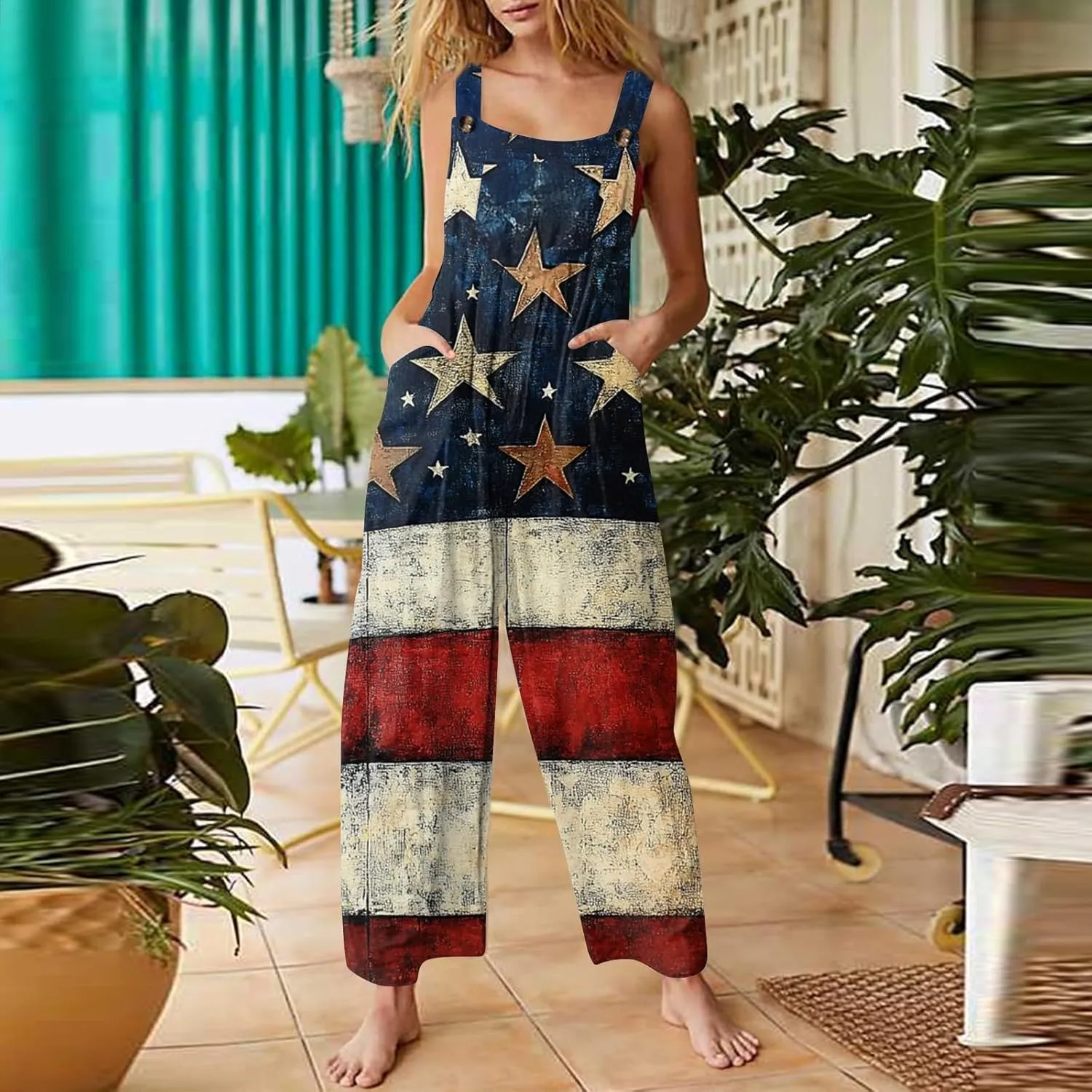 4Th Of July Overalls For Women,2025 Summer American Flag Print Patriotic Jumpsuits,Sleeveless Straps Baggy Romper