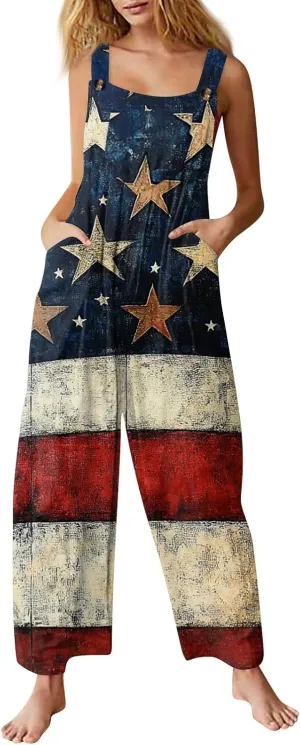 4Th Of July Overalls For Women,2025 Summer American Flag Print Patriotic Jumpsuits,Sleeveless Straps Baggy Romper