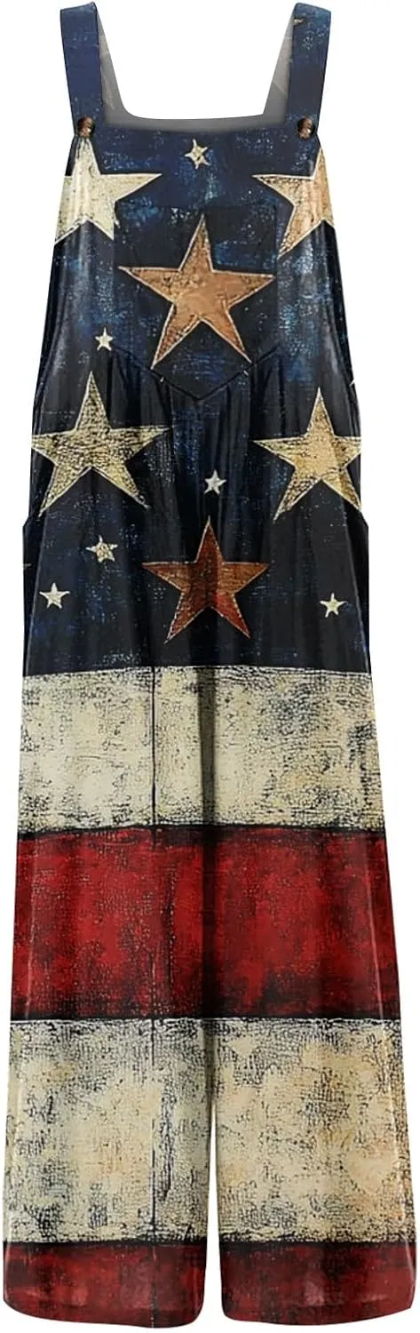 4Th Of July Overalls For Women,2025 Summer American Flag Print Patriotic Jumpsuits,Sleeveless Straps Baggy Romper