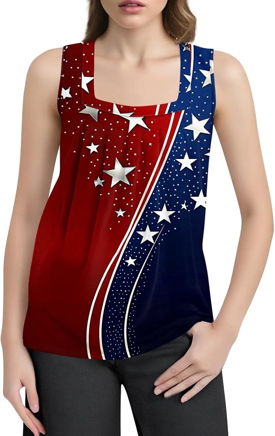4Th of July Tank Tops for Women Ruffled Square Neck Loose Fit American Flag Tank Top Sleeveless Festival Outfits