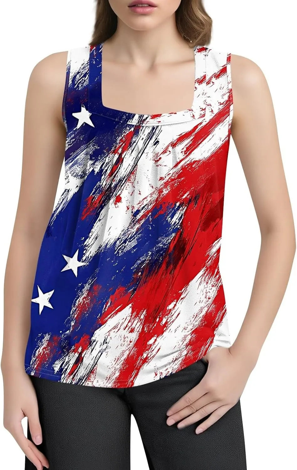 4Th of July Tank Tops for Women Ruffled Square Neck Loose Fit American Flag Tank Top Sleeveless Festival Outfits