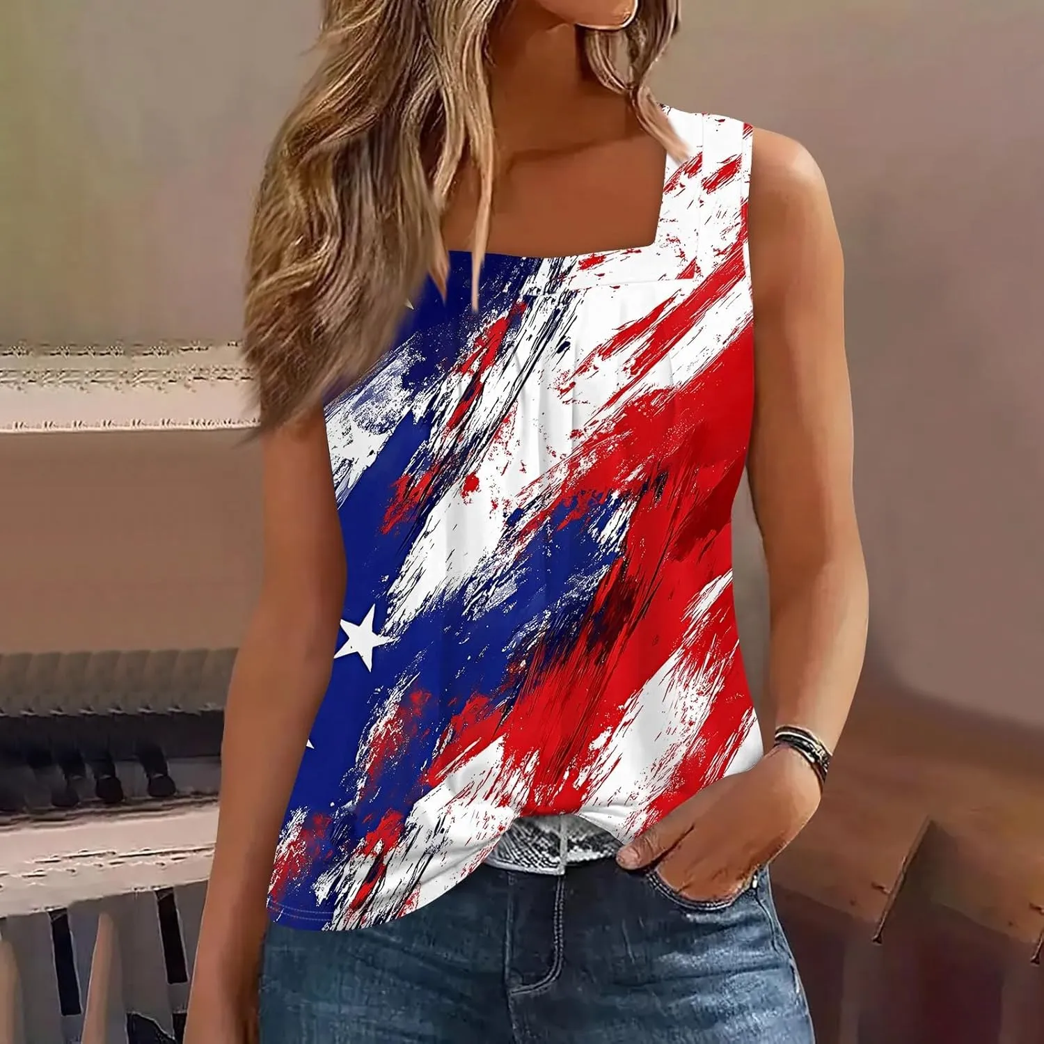 4Th of July Tank Tops for Women Ruffled Square Neck Loose Fit American Flag Tank Top Sleeveless Festival Outfits