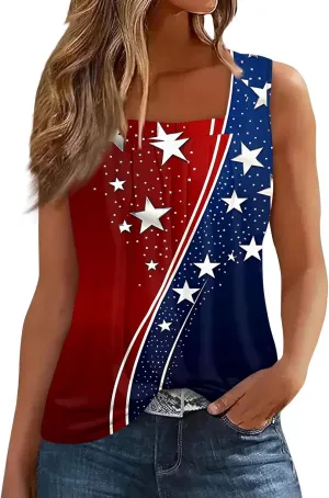 4Th of July Tank Tops for Women Ruffled Square Neck Loose Fit American Flag Tank Top Sleeveless Festival Outfits