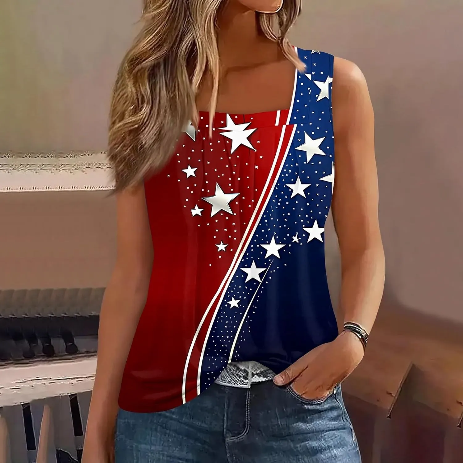 4Th of July Tank Tops for Women Ruffled Square Neck Loose Fit American Flag Tank Top Sleeveless Festival Outfits
