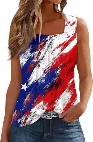 4Th of July Tank Tops for Women Ruffled Square Neck Loose Fit American Flag Tank Top Sleeveless Festival Outfits