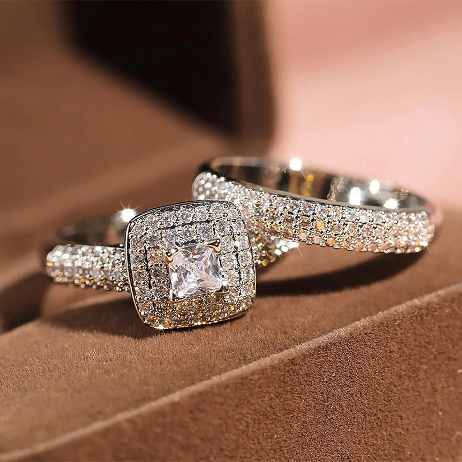 925 Sterling Silver Anniversary Ring for Women,Gold Plated Princess Cut Cubic Zirconia Engagement Wedding Bands Chunky Rings