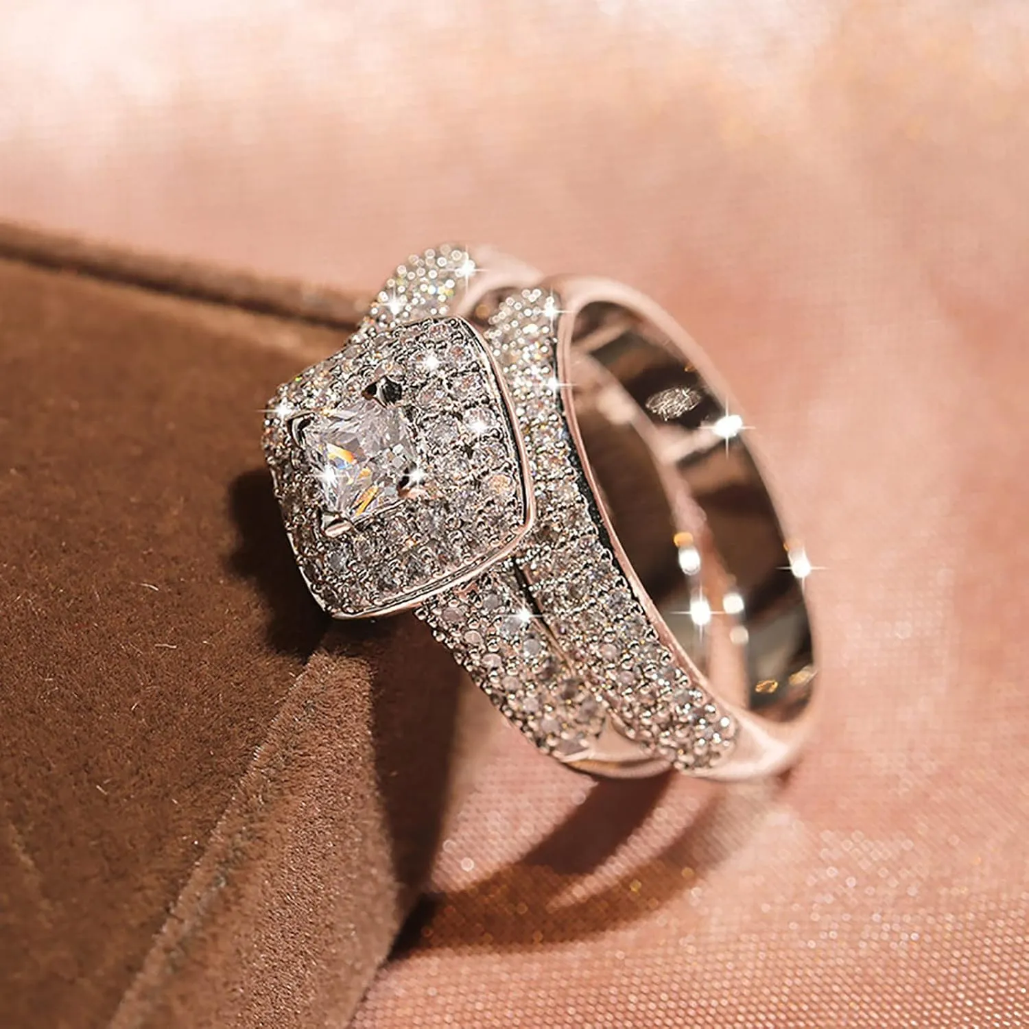 925 Sterling Silver Anniversary Ring for Women,Gold Plated Princess Cut Cubic Zirconia Engagement Wedding Bands Chunky Rings
