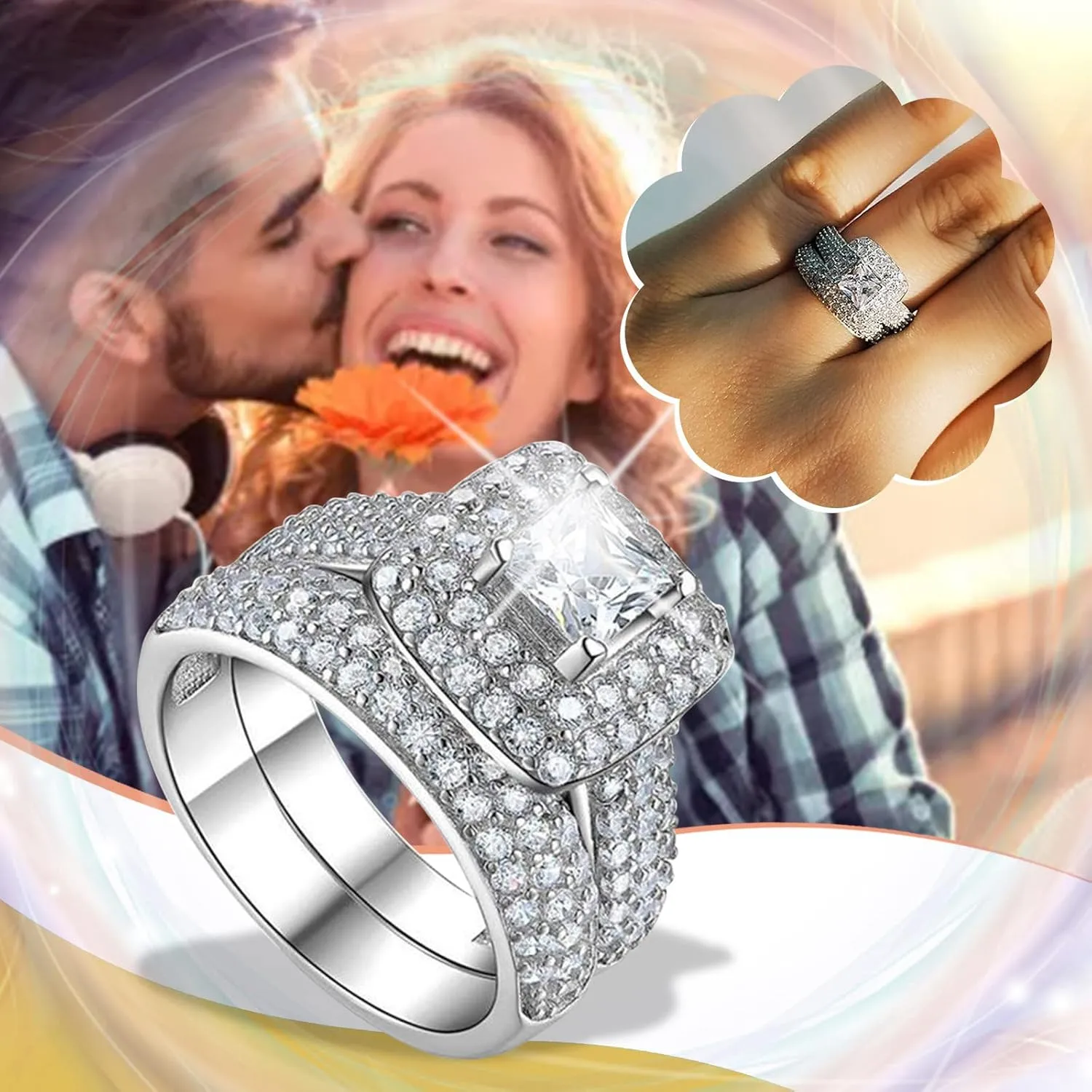 925 Sterling Silver Anniversary Ring for Women,Gold Plated Princess Cut Cubic Zirconia Engagement Wedding Bands Chunky Rings