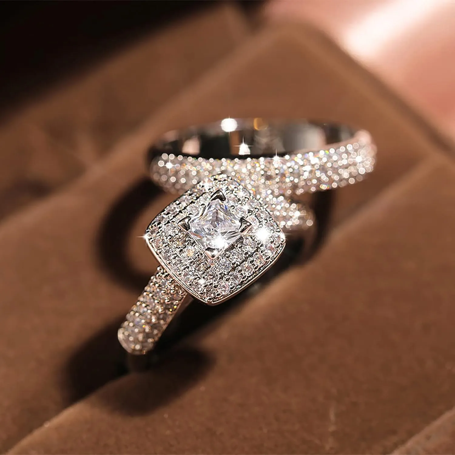 925 Sterling Silver Anniversary Ring for Women,Gold Plated Princess Cut Cubic Zirconia Engagement Wedding Bands Chunky Rings