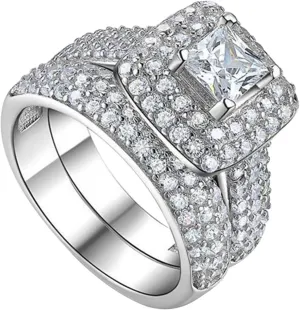 925 Sterling Silver Anniversary Ring for Women,Gold Plated Princess Cut Cubic Zirconia Engagement Wedding Bands Chunky Rings