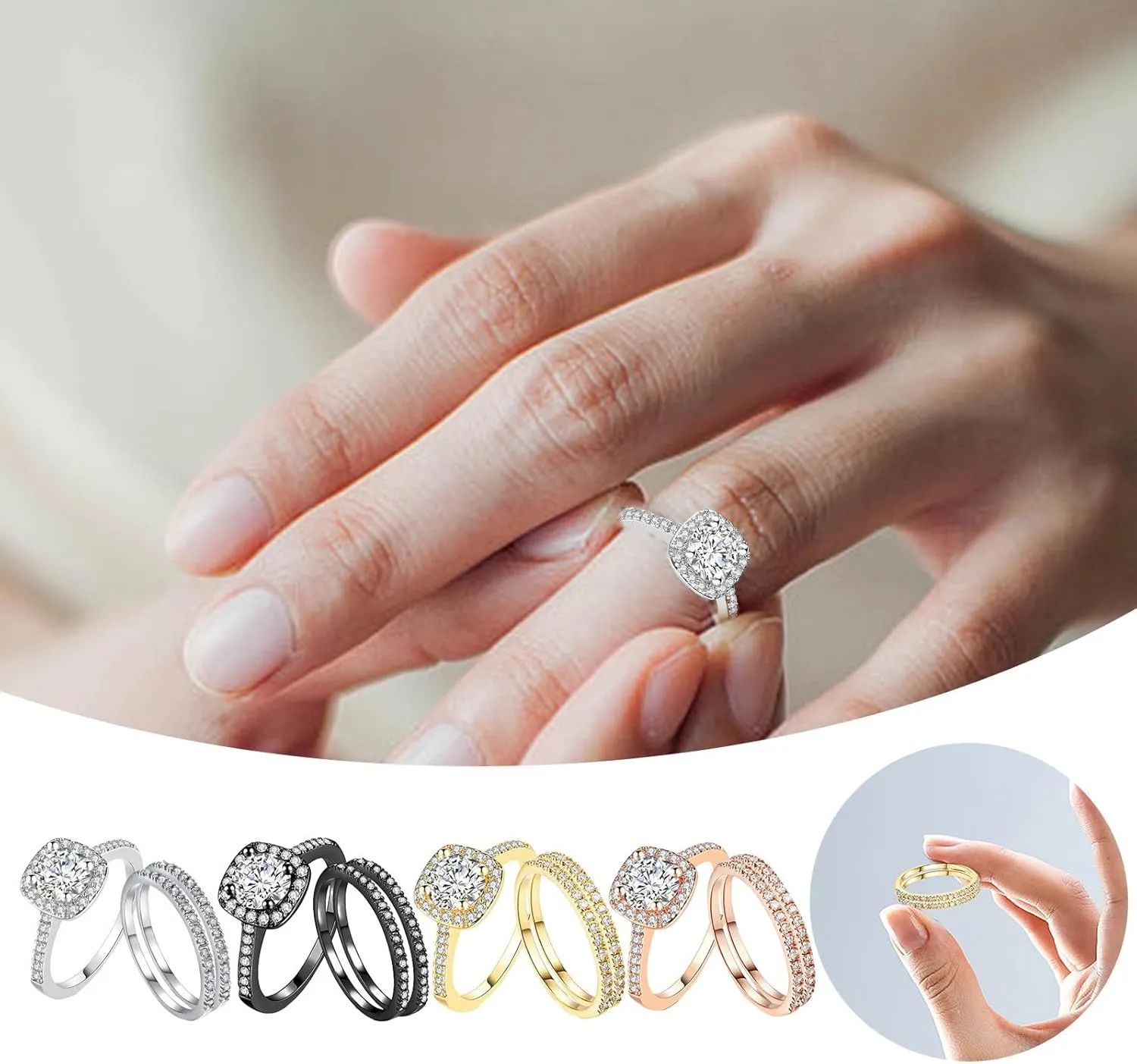 925 Sterling Silver Bridal Rings Sets for Women,Gold Plated Halo Cubic Zirconia Engagement Wedding Band Eternity Promise Ring