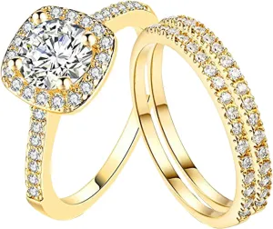 925 Sterling Silver Bridal Rings Sets for Women,Gold Plated Halo Cubic Zirconia Engagement Wedding Band Eternity Promise Ring