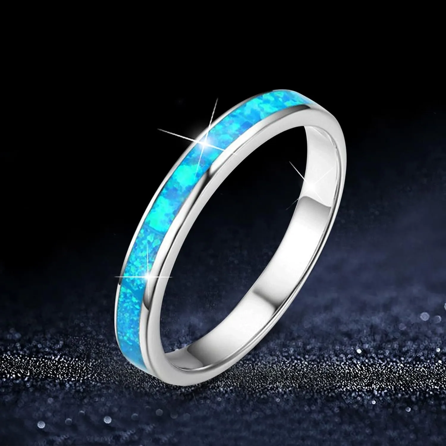 925 Sterling Silver Wedding Band for Woman,Blue Turquoise Inlaid Stackable Engagement Ring for Her Bridal Fashion Jewelry Set