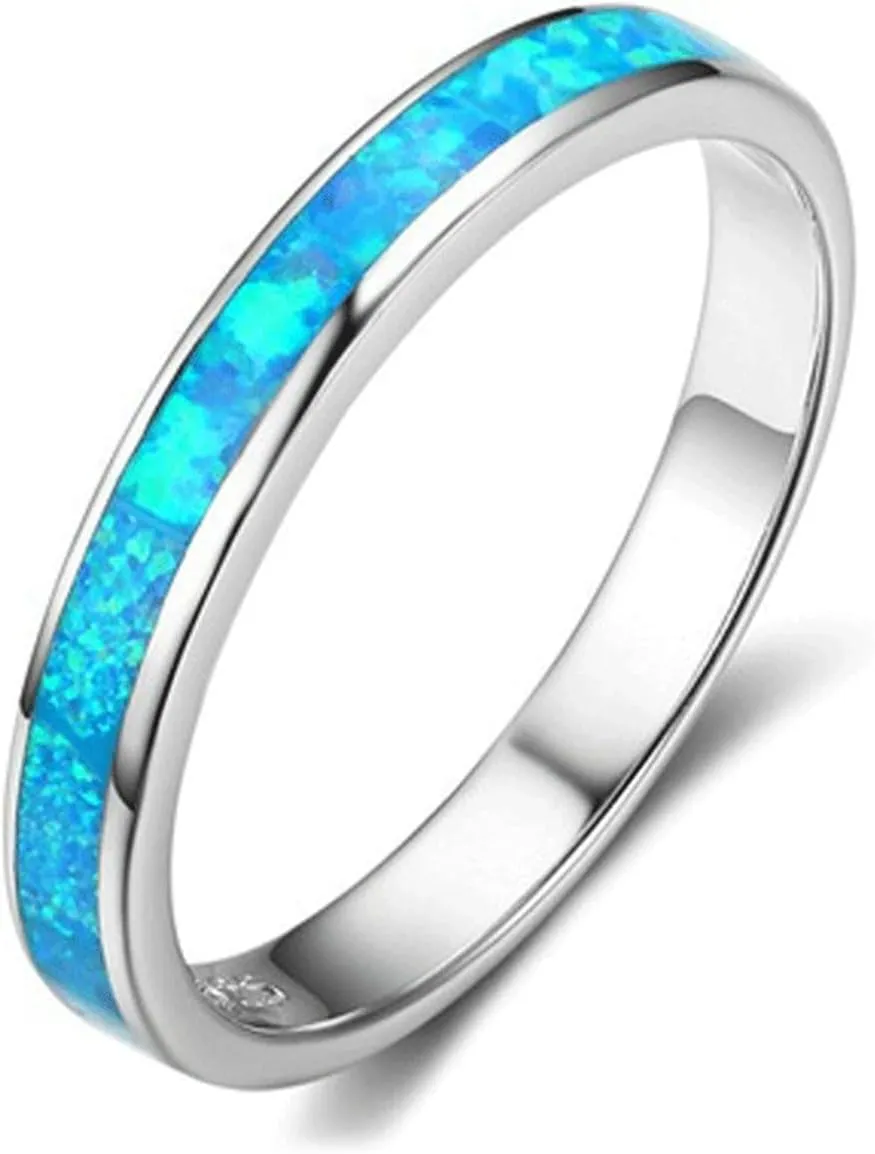 925 Sterling Silver Wedding Band for Woman,Blue Turquoise Inlaid Stackable Engagement Ring for Her Bridal Fashion Jewelry Set