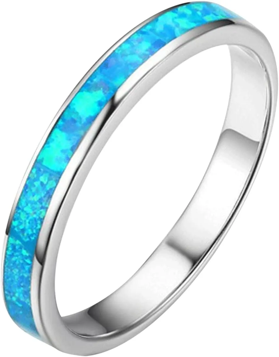 925 Sterling Silver Wedding Band for Woman,Blue Turquoise Inlaid Stackable Engagement Ring for Her Bridal Fashion Jewelry Set
