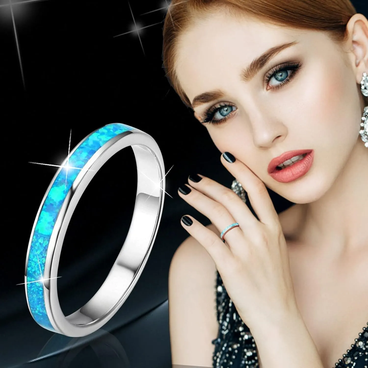 925 Sterling Silver Wedding Band for Woman,Blue Turquoise Inlaid Stackable Engagement Ring for Her Bridal Fashion Jewelry Set