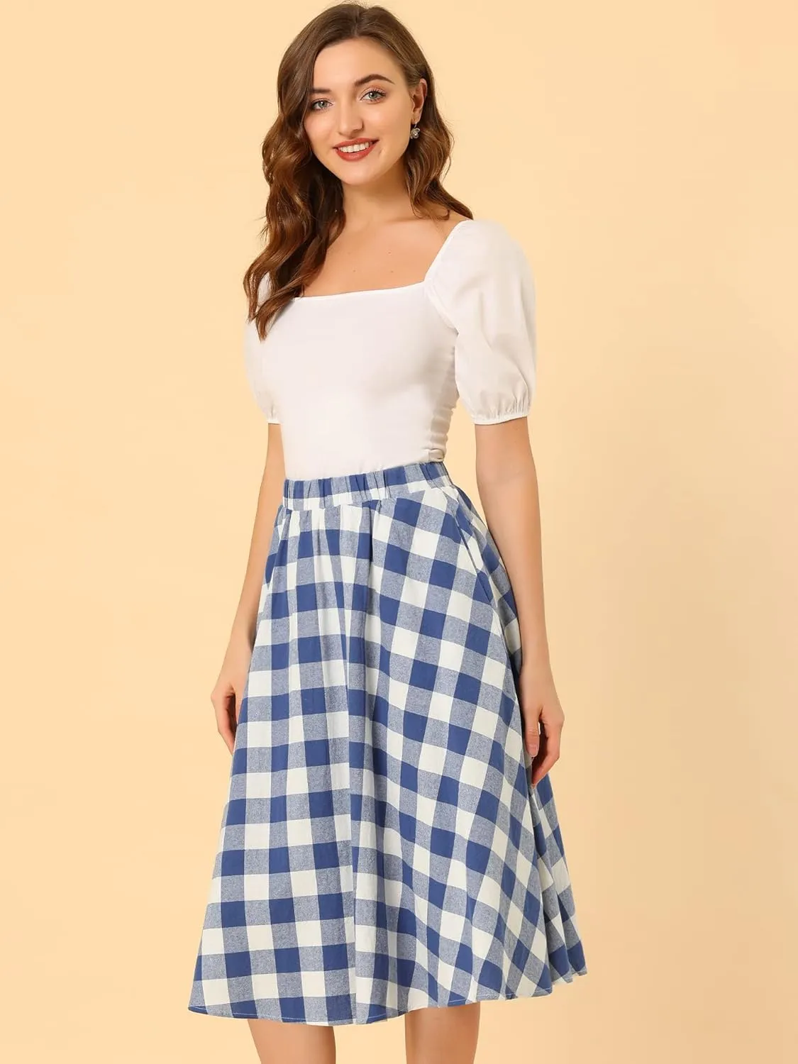 Allegra K Women's Skirt with Pockets 1950s Skater Flared Vintage Midi Gingham Skirts