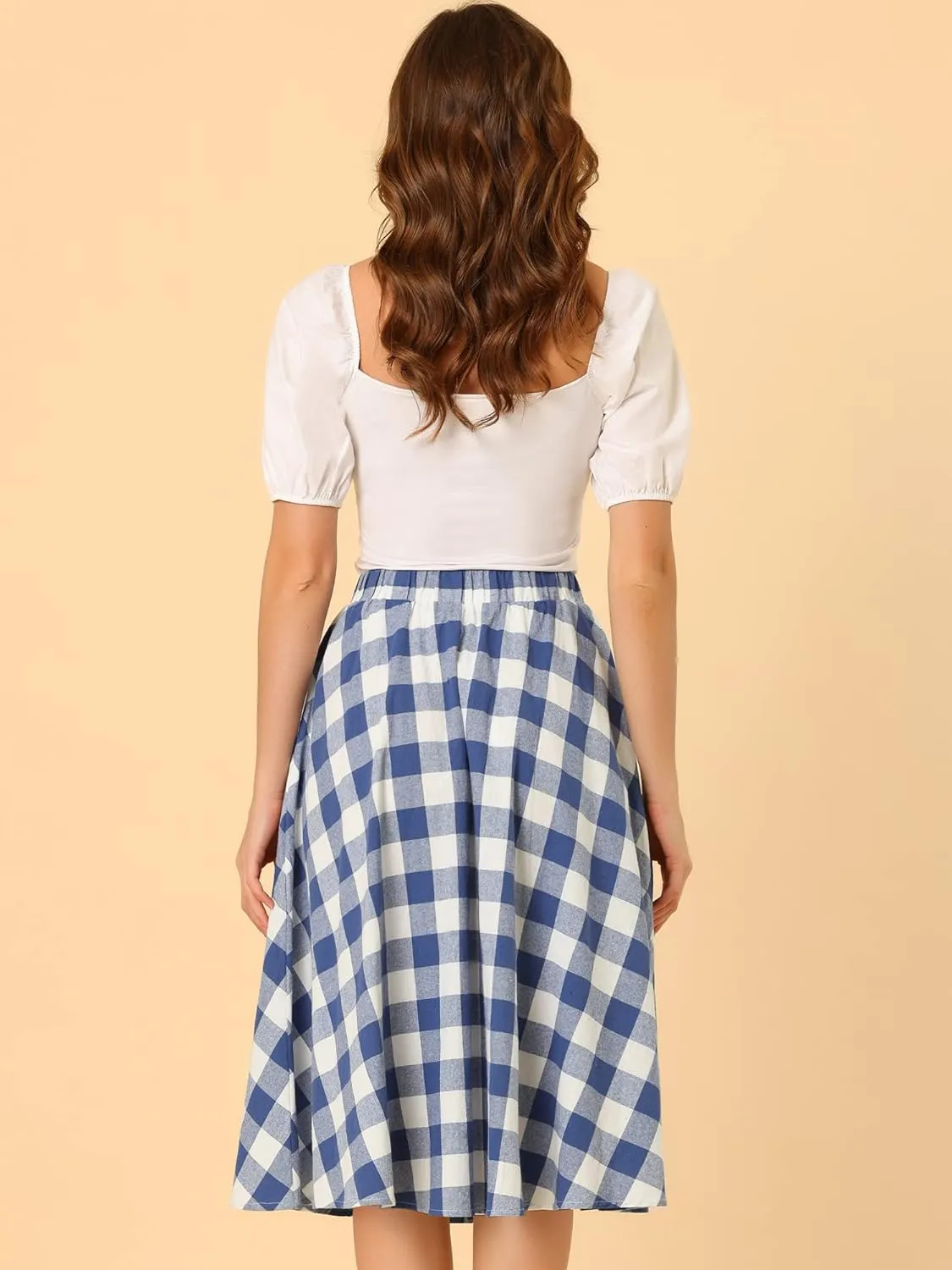 Allegra K Women's Skirt with Pockets 1950s Skater Flared Vintage Midi Gingham Skirts