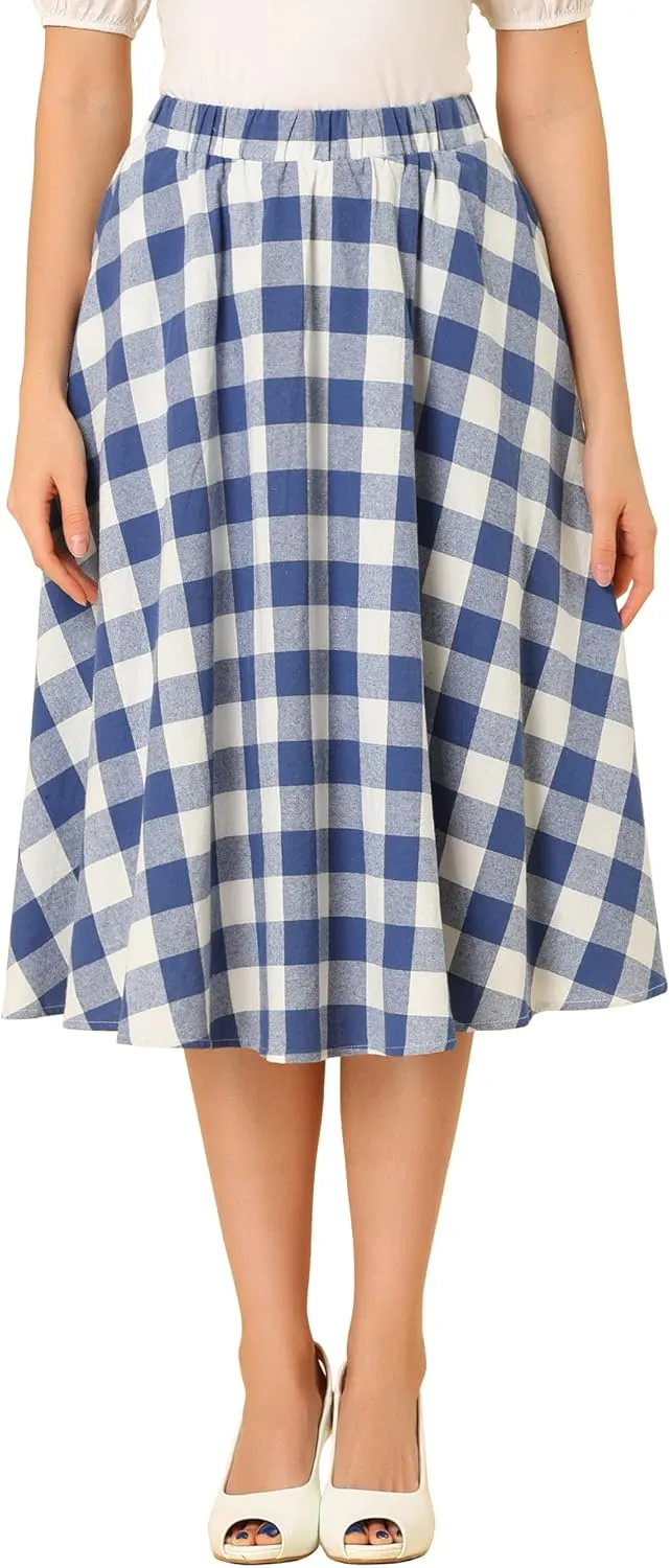 Allegra K Women's Skirt with Pockets 1950s Skater Flared Vintage Midi Gingham Skirts