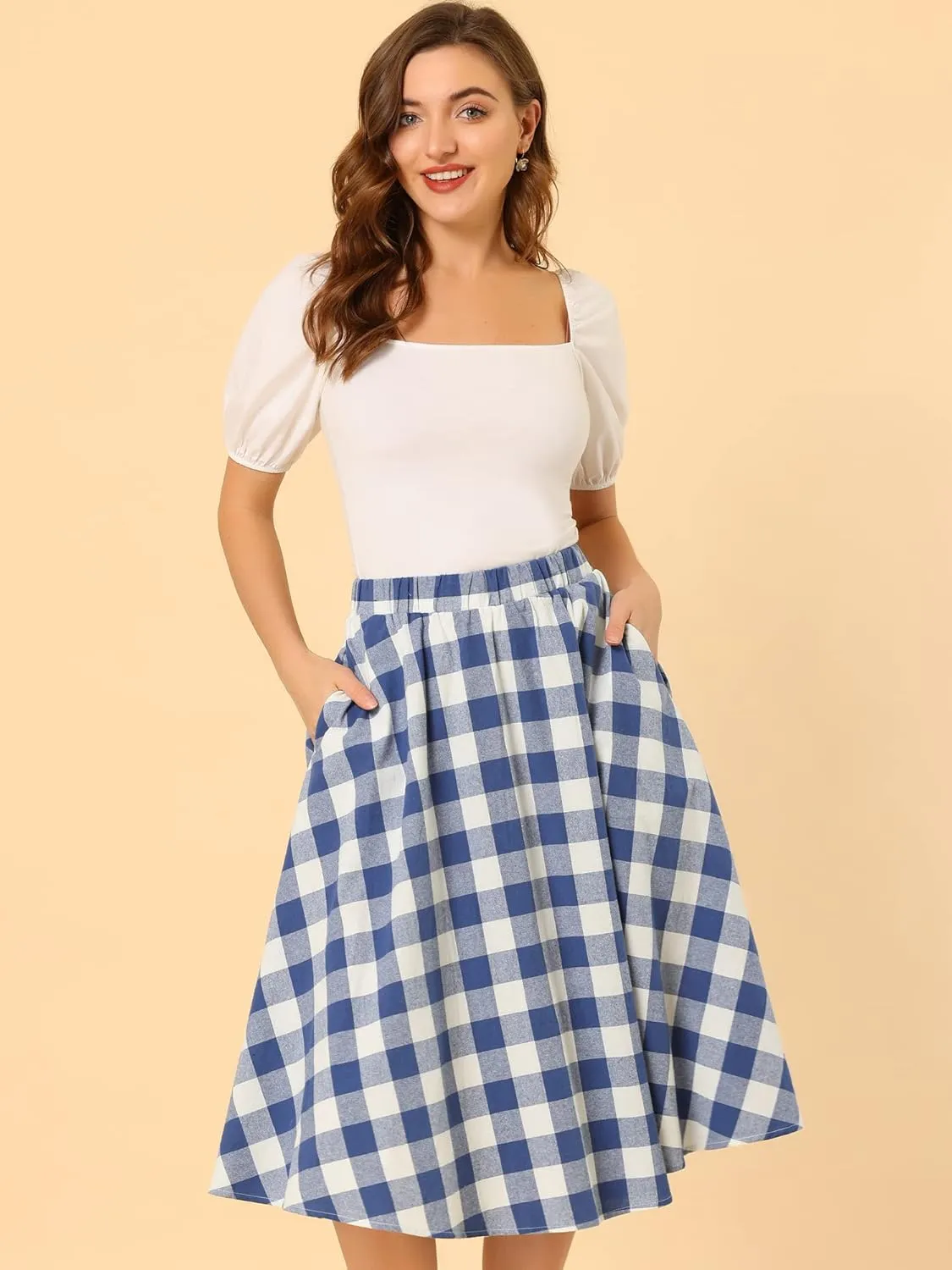 Allegra K Women's Skirt with Pockets 1950s Skater Flared Vintage Midi Gingham Skirts