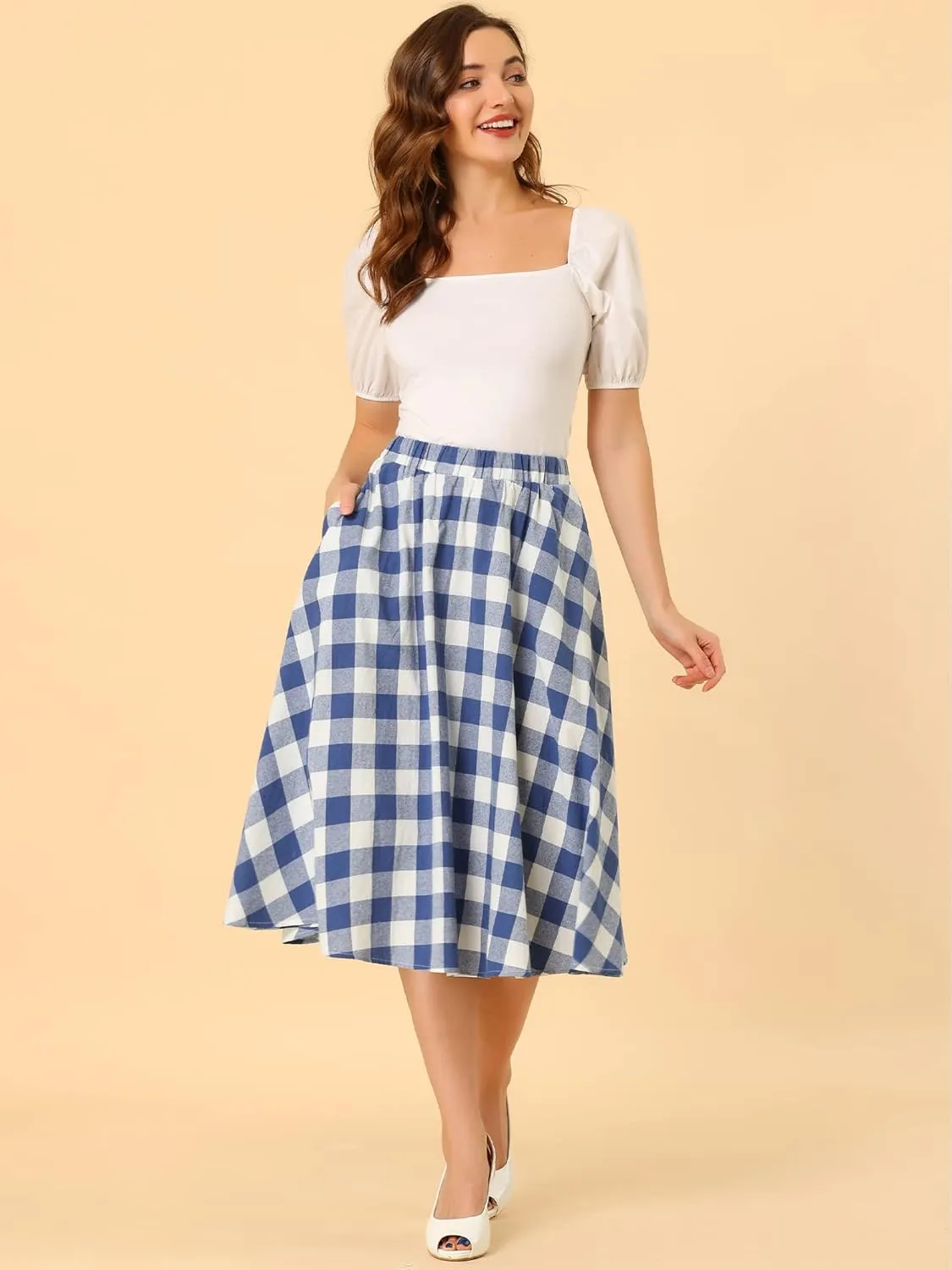 Allegra K Women's Skirt with Pockets 1950s Skater Flared Vintage Midi Gingham Skirts