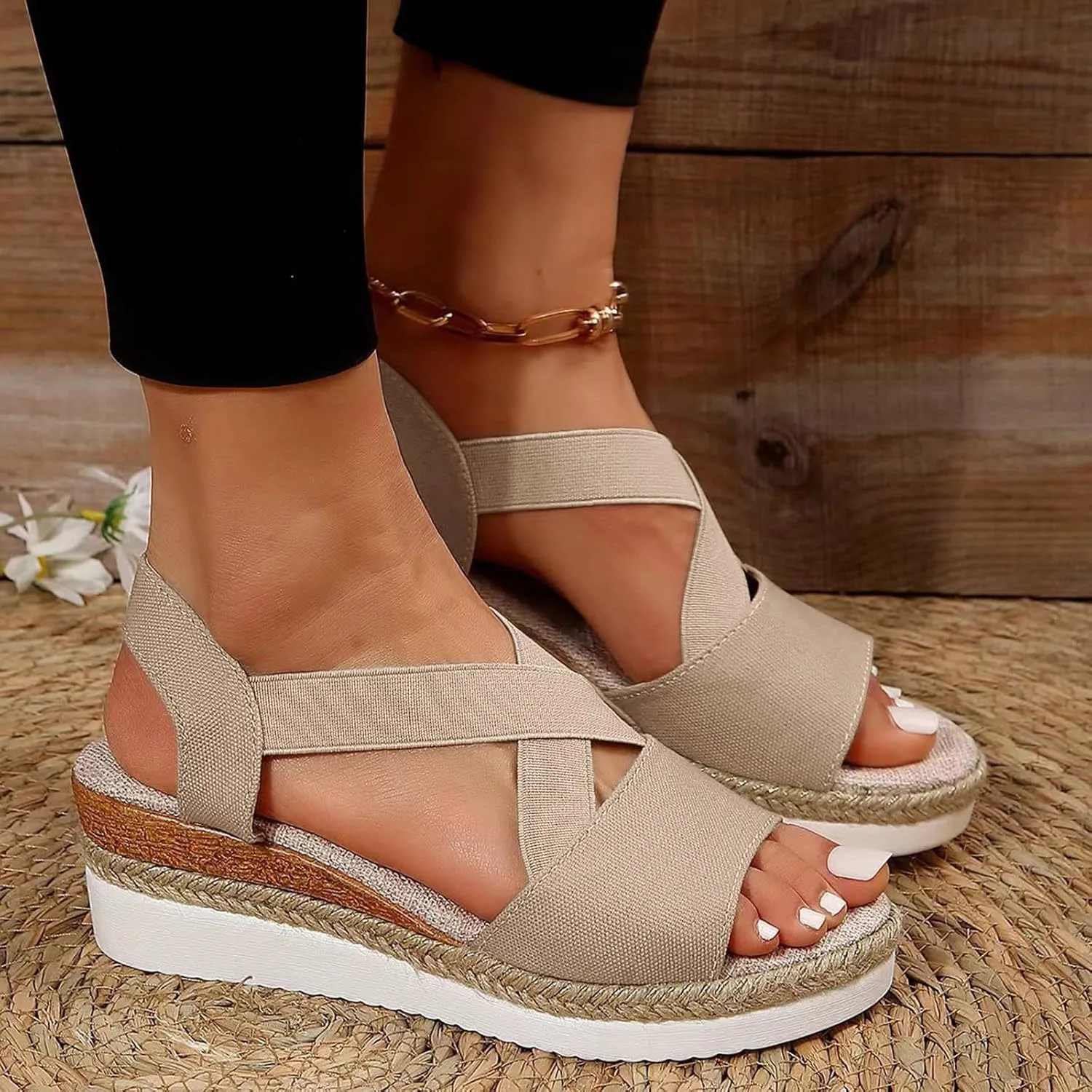 AMDBEL Womens Sandals 2024 Wedge Open Toe Espadrilles Dressy Platform Sandals Slip On Elastic Ankle Strap Wedges Sandals