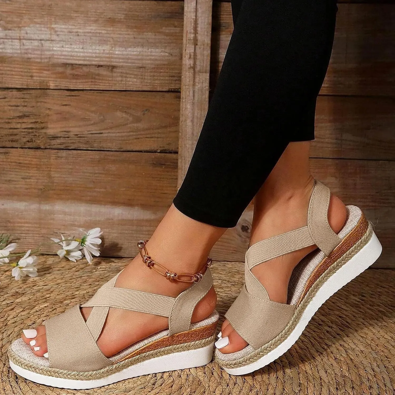 AMDBEL Womens Sandals 2024 Wedge Open Toe Espadrilles Dressy Platform Sandals Slip On Elastic Ankle Strap Wedges Sandals