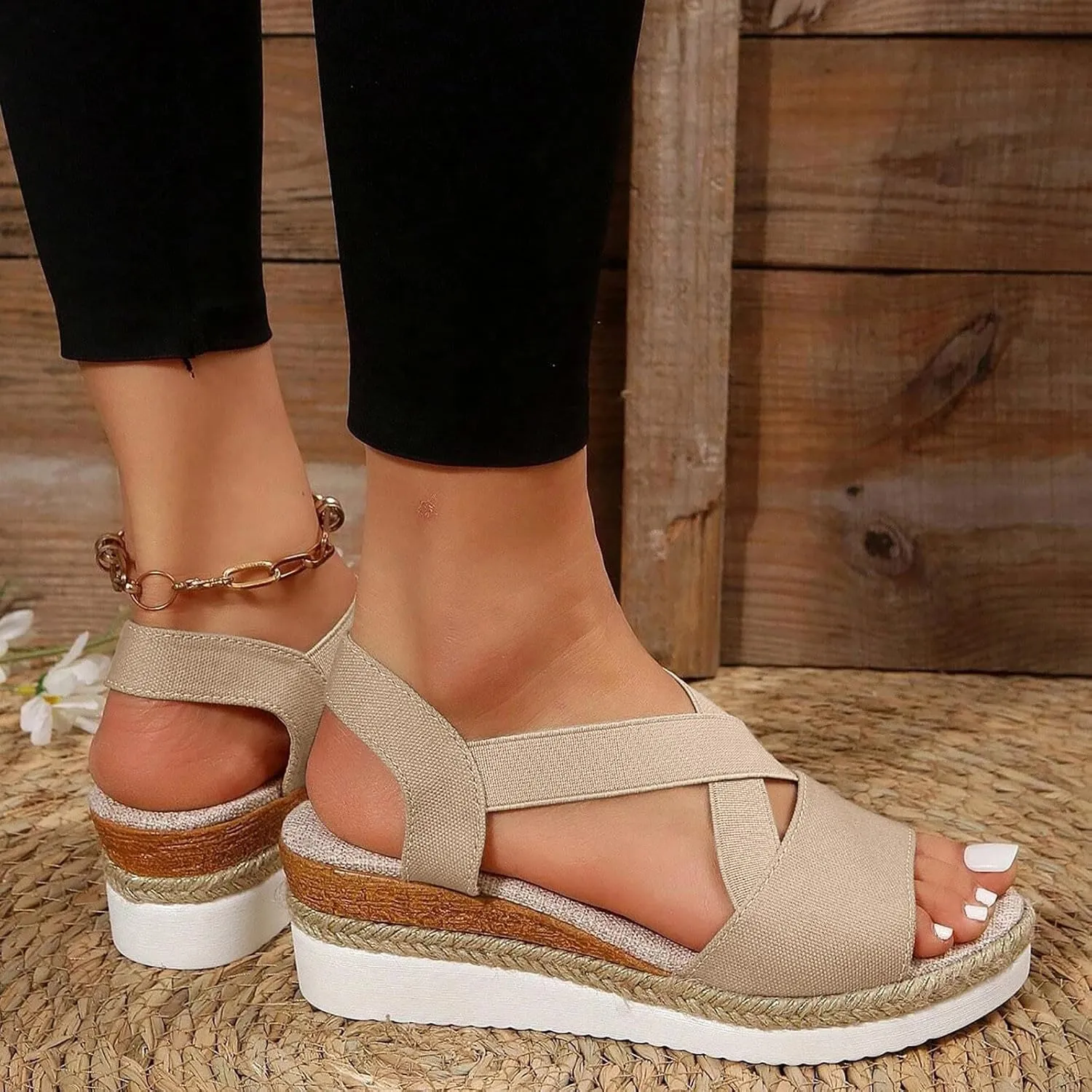 AMDBEL Womens Sandals 2024 Wedge Open Toe Espadrilles Dressy Platform Sandals Slip On Elastic Ankle Strap Wedges Sandals
